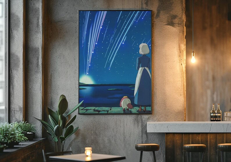May include: A rectangular wall art print featuring an animated scene of a person with short white hair in a long blue dress and a small creature standing on a stone ledge, looking out at a dark blue night sky filled with bright falling stars.