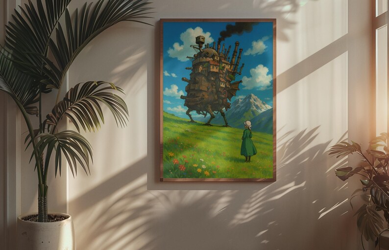 May include: A framed art print featuring a whimsical illustration of a moving castle on a green hillside under a blue sky with clouds. A person in a green dress stands in the foreground. The artwork is in a wooden frame.
