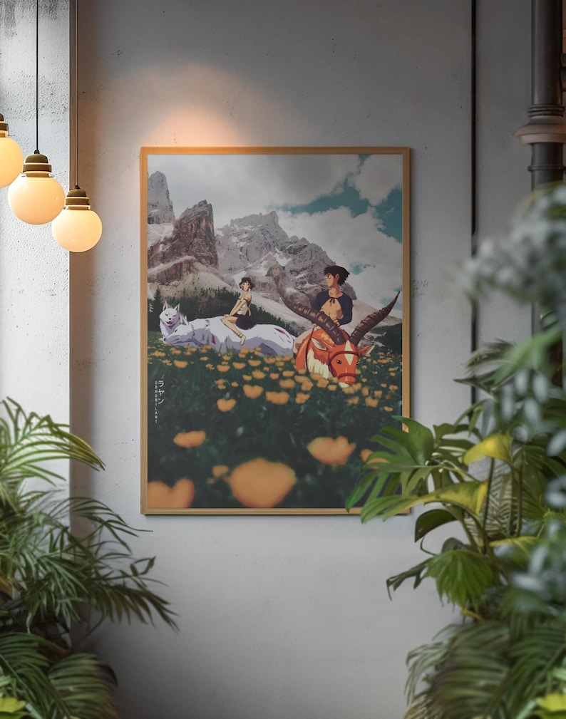 May include: A framed art print with an anime-style illustration. The artwork shows two figures, a white wolf, and a horned creature in a field of yellow flowers, with mountains in the background. The print is in a wooden frame.
