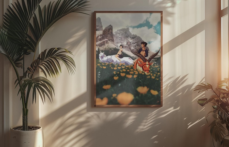 May include: A framed art print with an anime-style illustration. The artwork shows two figures riding fantastical creatures in a field of yellow flowers, with mountains in the background. The print is displayed on a wall with a potted plant.