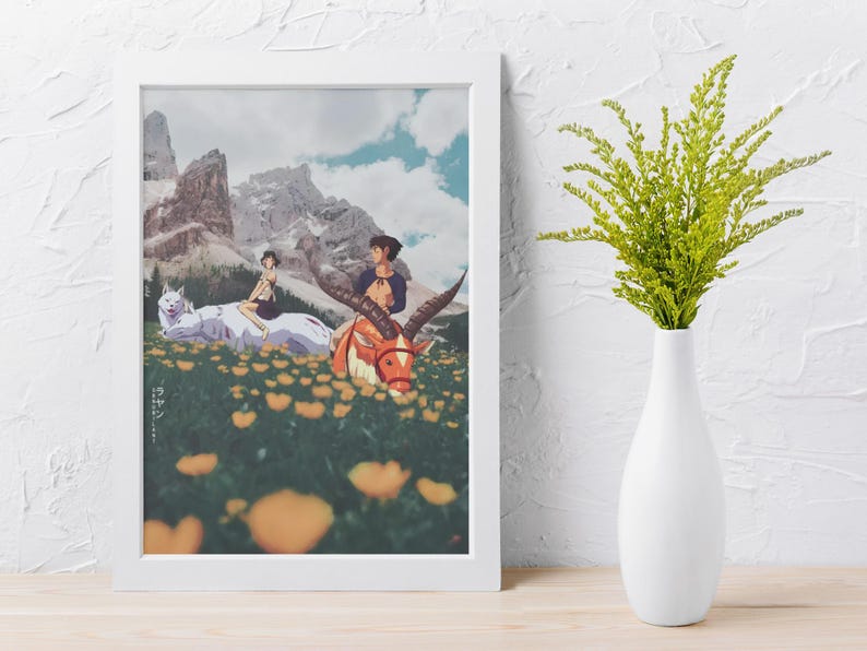 May include: A framed print depicting an anime-style illustration of characters riding mythical creatures in a field of yellow flowers, with mountains in the background. The print is in a white frame, and a white vase with green foliage is to the right.