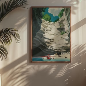 May include: A framed art print depicts a serene landscape with a red seaplane on a blue body of water, nestled within a canyon. The artwork features a light color palette with a touch of green and blue, creating a calming atmosphere. The print is displayed on a wall next to a potted plant.