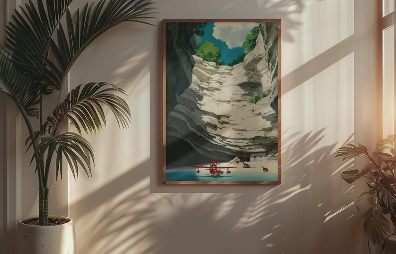 May include: A framed art print depicts a serene landscape with a red seaplane on a blue body of water, nestled within a canyon. The artwork features a light color palette with a touch of green and blue, creating a calming atmosphere. The print is displayed on a wall next to a potted plant.