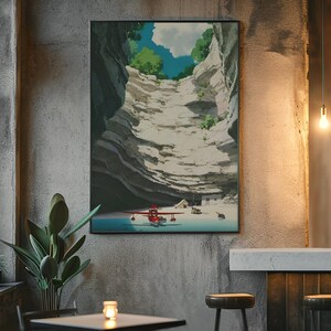 May include: A framed art print depicts a canyon scene with a red seaplane on the water. The artwork features a blue sky with clouds, green trees, and a white cliff face. The print is displayed on a textured gray wall.