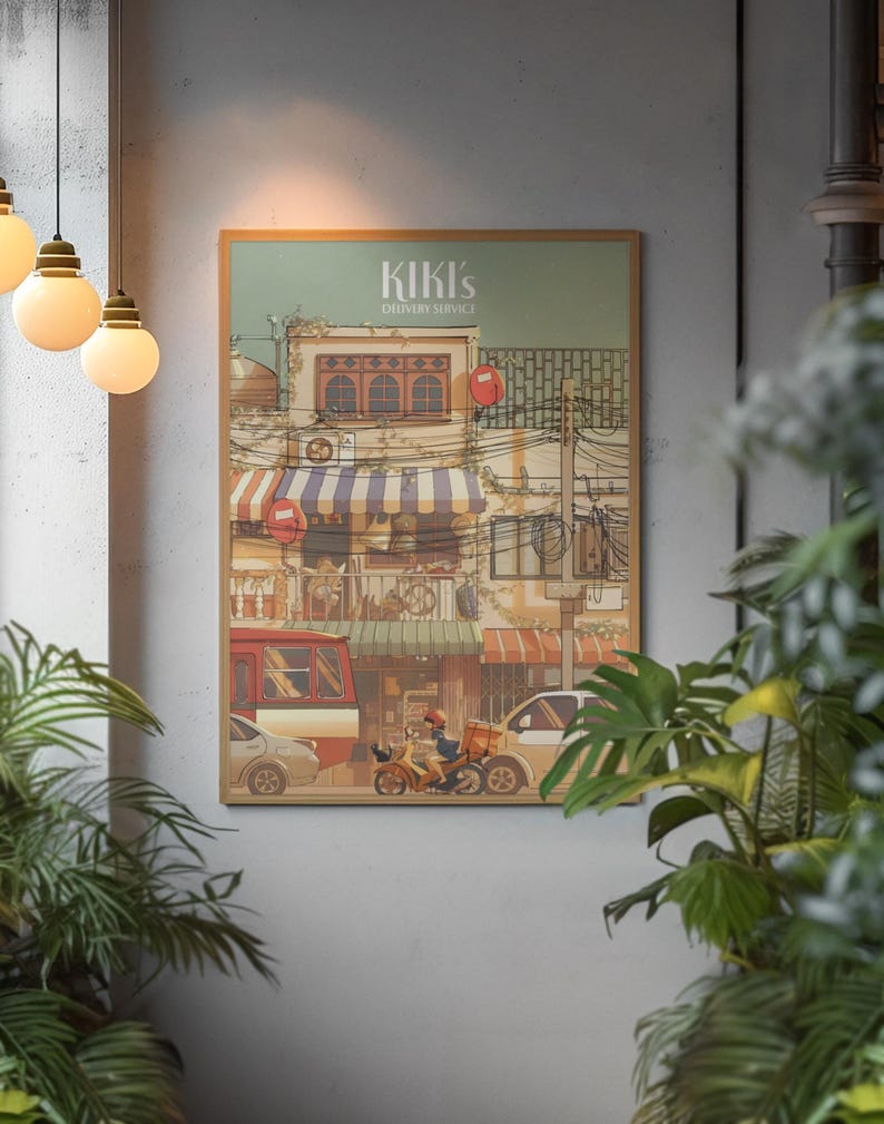 Kikis leveransservice-affisch | Studio Ghibli stadsbild väggkonst | Animefilmtryck | Mysig vintage estetisk dekoration | Nyckfullt rumskonstverk bild 1