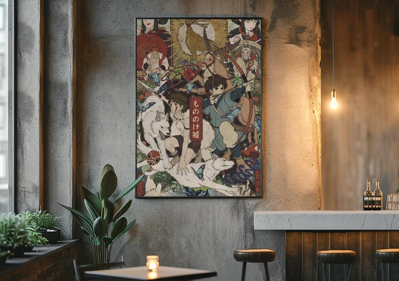 May include: A rectangular wall art print featuring a detailed anime-style illustration with multiple characters, including a person with a bow and arrow, a large white wolf, and various forest elements, with the Japanese text "もののけ姫" in red.