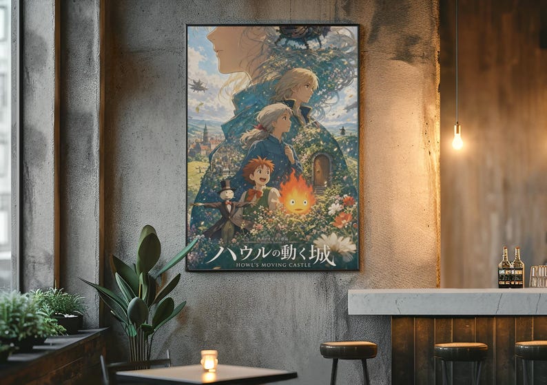May include: A rectangular wall poster featuring an anime-style illustration with blue, green, and orange tones. The artwork depicts multiple characters, a small fire creature, and a scarecrow. The text reads Howl's Moving Castle in English and Japanese.