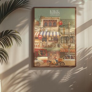 Kikis leveransservice-affisch | Studio Ghibli stadsbild väggkonst | Animefilmtryck | Mysig vintage estetisk dekoration | Nyckfullt rumskonstverk bild 3
