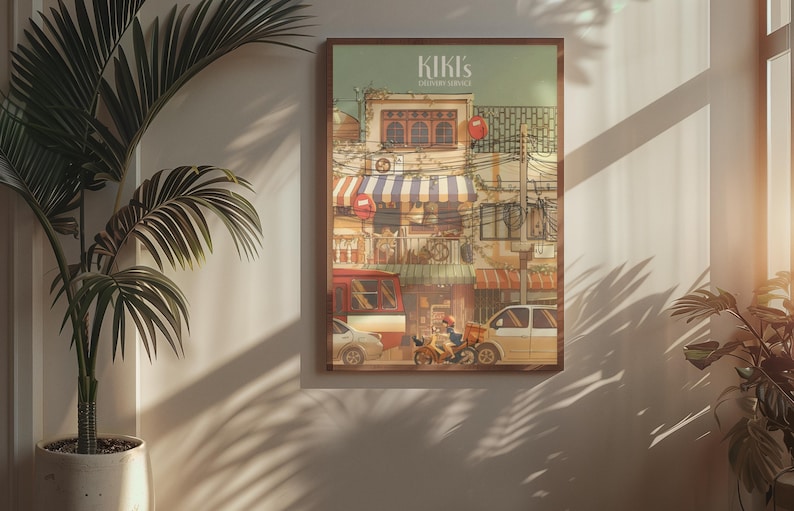 Kikis leveransservice-affisch | Studio Ghibli stadsbild väggkonst | Animefilmtryck | Mysig vintage estetisk dekoration | Nyckfullt rumskonstverk bild 3