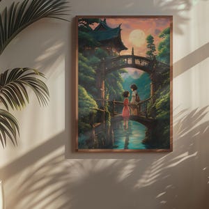 May include: A framed wall art print featuring an illustration of two figures standing on a stone bridge over a calm stream. The scene includes lush green trees, a traditional building, and a large full moon in a soft, warm-toned evening sky.