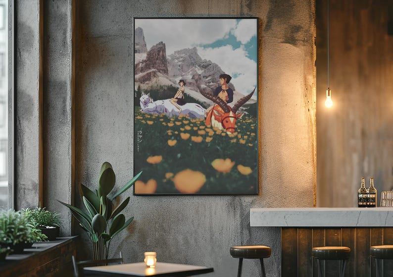May include: Framed art print with an anime-style illustration. The artwork shows two figures with a white wolf and a horned creature in a field of yellow flowers, with mountains in the background. The sky is blue with clouds.