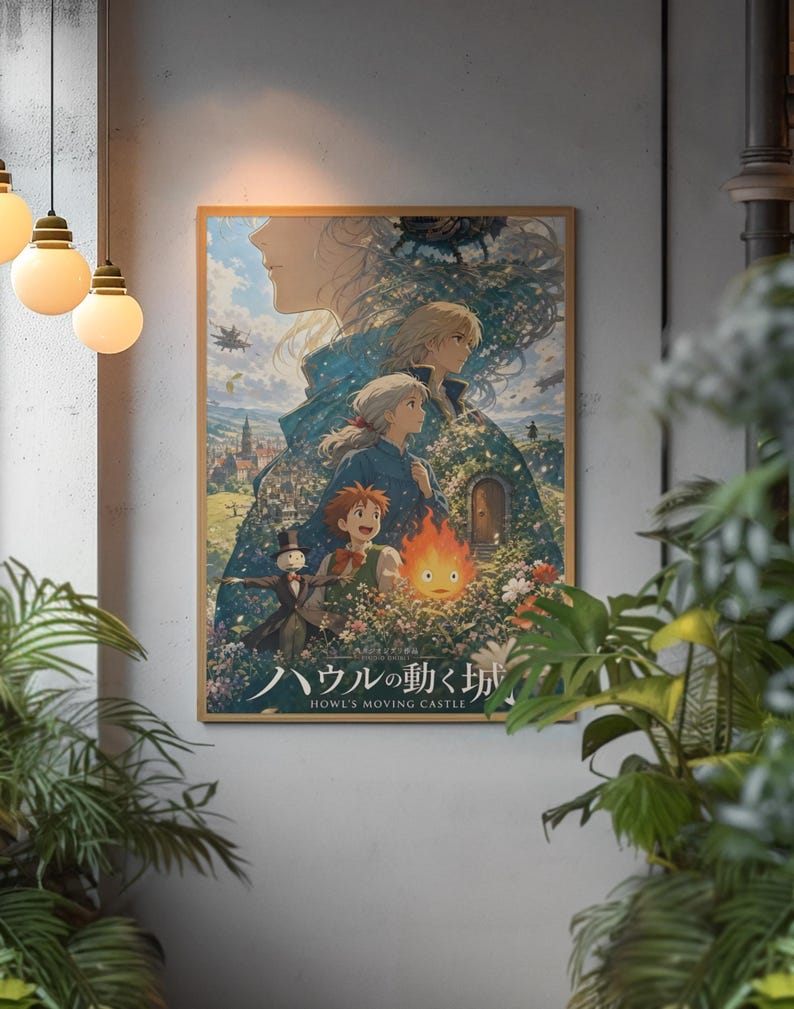 May include: A rectangular wall poster featuring an anime-style illustration of characters from Howl's Moving Castle, including a fire spirit, a scarecrow, and two figures, with the text Howl's Moving Castle printed in both Japanese and English.