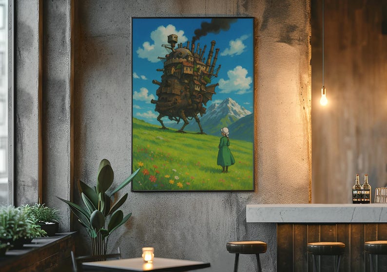 May include: A framed art print depicting a scene from an animated film. The artwork shows a walking castle on a grassy hill, a figure in a green dress, and a mountain range under a blue sky with clouds. The print is displayed on a textured gray wall.