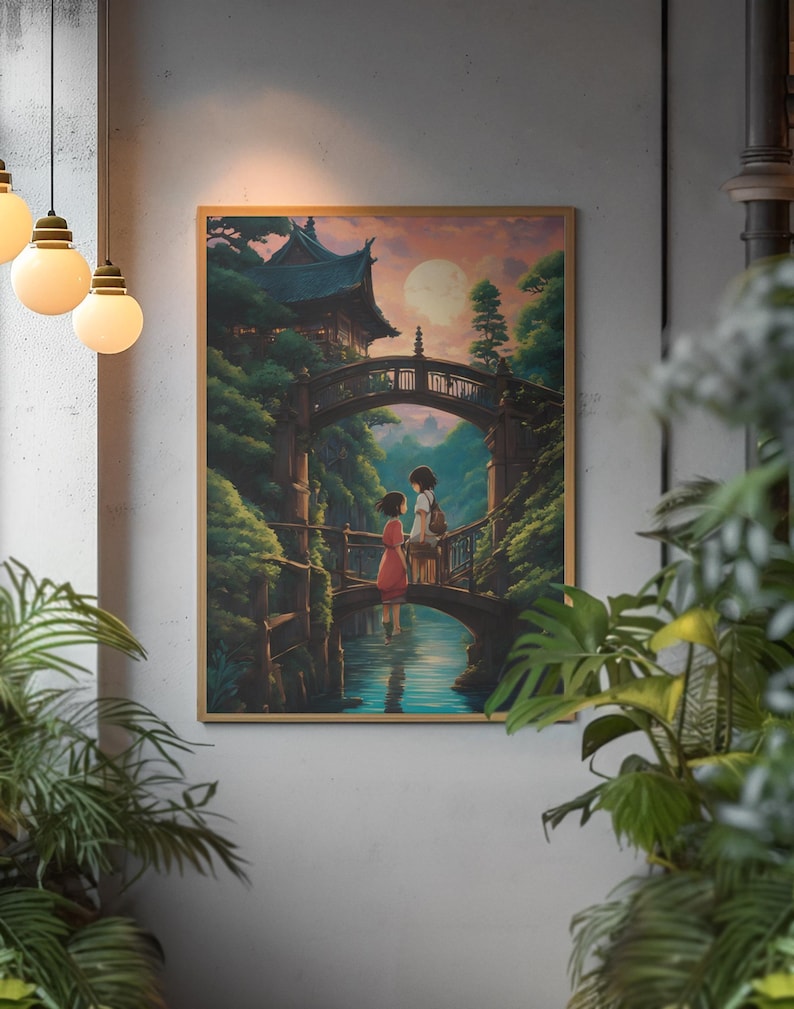 May include: A rectangular wall art print in a thin wooden frame depicting an anime-style scene of two figures standing on a stone bridge over a river. The background features lush green trees, a traditional building, and a large full moon in the sky.