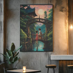 May include: A rectangular wall art print featuring an illustration of two figures standing on a wooden bridge over a river. The scene includes a traditional building, lush green trees, and a large full moon in a soft pink and orange sunset sky.
