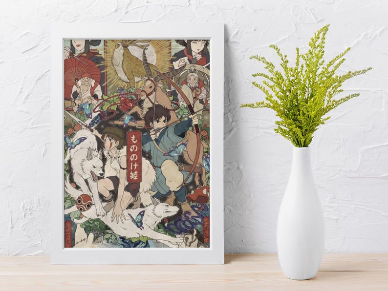 May include: A framed art print featuring a detailed anime-style illustration with characters, a large white wolf, and a central red vertical banner with the Japanese text もののけ姫. The composition includes a forest setting with greenery and butterflies.