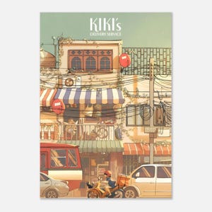 Kikis leveransservice-affisch | Studio Ghibli stadsbild väggkonst | Animefilmtryck | Mysig vintage estetisk dekoration | Nyckfullt rumskonstverk bild 5