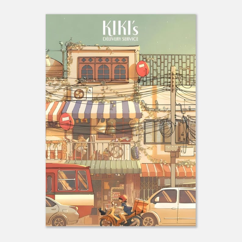 Kikis leveransservice-affisch | Studio Ghibli stadsbild väggkonst | Animefilmtryck | Mysig vintage estetisk dekoration | Nyckfullt rumskonstverk bild 5