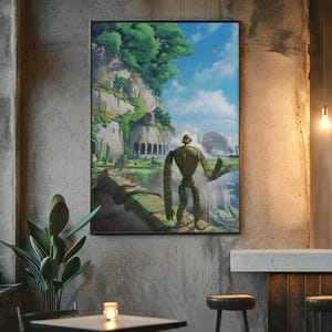 Puede incluir: Impresi&oacute;n art&iacute;stica enmarcada que representa un robot gigante frente a un paisaje verde con acantilados, &aacute;rboles y un cielo azul nublado. La obra de arte est&aacute; colgada en una pared de hormig&oacute;n, creando un contraste interesante.