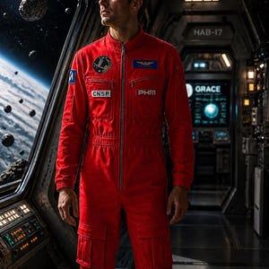 May include: A bright red jumpsuit featuring a front zipper, long sleeves, and multiple pockets. The garment displays patches with the text CNSP and PHM, along with a circular mission emblem and a blue rectangular badge on the chest and sleeves.