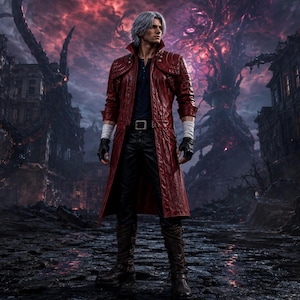 May include: A figure with silver hair wearing a long, textured red leather coat over a dark blue henley shirt and black trousers. The outfit includes black fingerless gloves, white wrist wraps, a black belt with a silver buckle, and tall brown boots.