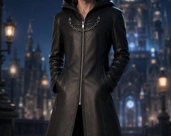 Kingdom Clock Real Leather Hooded Cloak Unisex Winter Coat Anime Handmade Cosplay Costume