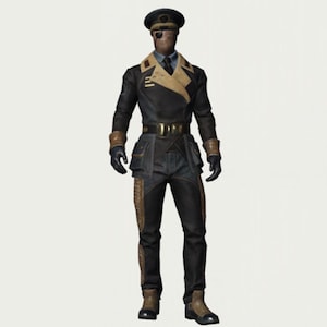 Op de afbeelding: Een volledig uniform bestaande uit een donkergrijze double-breasted jas met beige revers, een bijpassende pet en een zwarte broek met beige zijpanelen. De outfit bevat een zwarte das, donkere handschoenen en laarzen met beige accenten.