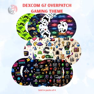 May include: A collection of circular Dexcom G7 overpatches featuring various gaming-themed patterns including pixelated cars, swords, treasure chests, and neon controllers. The text DEXCOM G7 OVERPATCH GAMING THEME and Sold in packs of 4 are visible.