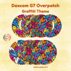May include: A set of circular adhesive patches for a Dexcom G7 device, featuring a vibrant graffiti pattern with bright pink, blue, orange, and yellow colours. The patches are displayed in two rows of four, with text reading Dexcom G7 Overpatch Graffiti Theme.