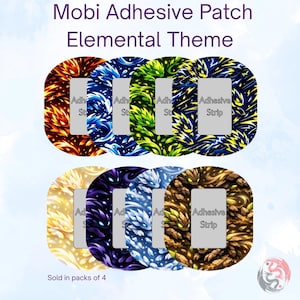 May include: Eight oval Mobi Adhesive Patches with an Elemental Theme, featuring vibrant graphic prints of fire, water, nature, lightning, light, shadow, ice, and earth elements. Each patch has a central rectangular cutout labeled Adhesive Strip.