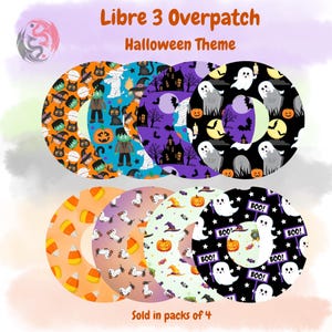 May include: A set of eight circular adhesive overpatches for Libre 3 devices, featuring various Halloween patterns including ghosts, pumpkins, candy corn, haunted houses, and monsters on orange, purple, black, and light-colored backgrounds.