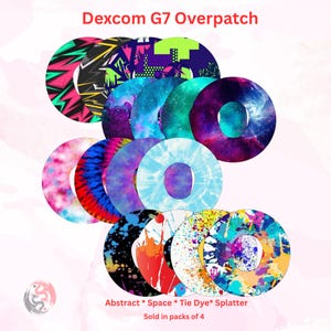 Patchs Dexcom G7 (lot de 4) | Motifs abstraits, espace, tie-dye et éclaboussures | Adhésif hypoallergénique