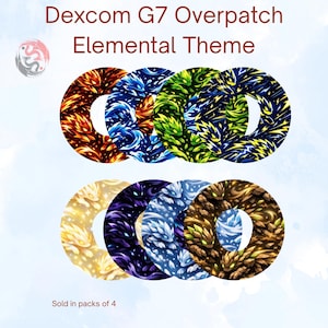 May include: A set of eight circular Dexcom G7 overpatches featuring an elemental theme with vibrant graphic prints. The designs include fiery red, watery blue, leafy green, electric yellow, glowing gold, deep purple, icy white, and rocky brown patterns.