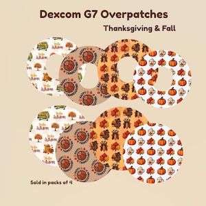 Peut inclure: Quatre patchs adhésifs circulaires Dexcom G7 aux motifs de Thanksgiving et d'automne. Les designs incluent des dindes avec le texte Happy Thanksgiving, des citrouilles avec des tasses et des camions avec le texte Hello Autumn, aux couleurs saisonnières.