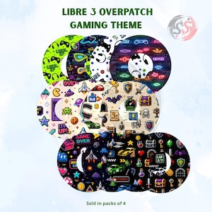 May include: A collection of circular adhesive overpatches for Libre 3 sensors, featuring various gaming-themed patterns including neon brick walls, pixelated characters, race cars, treasure chests, and game controllers. The text reads LIBRE 3 OVERPATCH GAMING THEME.