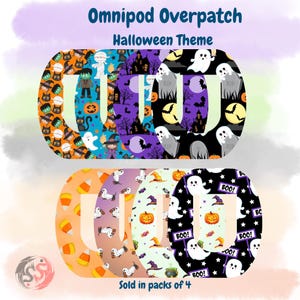 May include: A set of eight adhesive Omnipod overpatches featuring Halloween themes including ghosts, pumpkins, bats, witches, and candy corn. The patches are oval-shaped with a central cutout and are displayed in two rows with the text Omnipod Overpatch Halloween Theme and Sold in packs of 4.