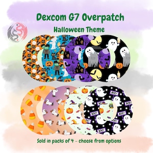 May include: Eight circular Dexcom G7 overpatches featuring Halloween patterns including ghosts, pumpkins, candy corn, mummies, bats, and haunted houses. The text reads Dexcom G7 Overpatch, Halloween Theme, and Sold in packs of 4 - choose from options.