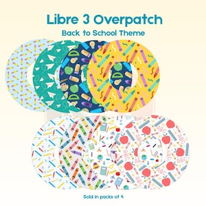 May include: Eight circular Libre 3 Overpatch adhesive covers featuring school-themed patterns including pencils, paper airplanes, apples, and ABC letters. The text Libre 3 Overpatch Back to School Theme and Sold in packs of 4 is visible.