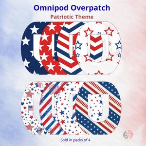 May include: Eight oval adhesive patches for medical devices, each featuring a central U-shaped cutout. The designs include red, white, and blue patterns with stars, stripes, and fireworks. Text reads Omnipod Overpatch, Patriotic Theme, Sold in packs of 4.