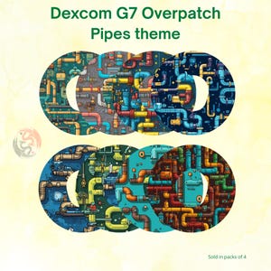 May include: Eight circular adhesive patches for a Dexcom G7 device, featuring a pipes theme with various colourful interconnected tubes in shades of blue, yellow, red, and green. The text Dexcom G7 Overpatch Pipes theme is visible at the top.