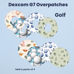 May include: Dexcom G7 Overpatches Golf. A set of circular adhesive patches featuring three distinct patterns: a mid-century modern golf ball design, a blue and white golf ball and club print, and a green golf course scene. Sold in packs of 4.