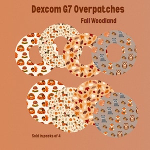 May include: Eight circular Dexcom G7 overpatches featuring Fall Woodland patterns. Designs include hedgehogs with mushrooms, dachshunds with pumpkins, autumn leaves, and forest animals like squirrels, raccoons, foxes, and owls with acorns.