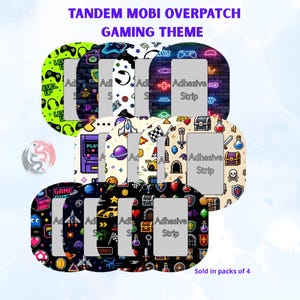 May include: A collection of Tandem Mobi overpatches featuring various gaming-themed patterns including neon brick walls, pixelated space elements, treasure chests, and game controllers. Each oval adhesive patch has a central rectangular cutout.
