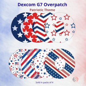 May include: Eight circular adhesive Dexcom G7 overpatches featuring patriotic designs in red, white, and blue. Patterns include stars, stripes, chevrons, and American flags. The text reads Dexcom G7 Overpatch Patriotic Theme and Sold in packs of 4.