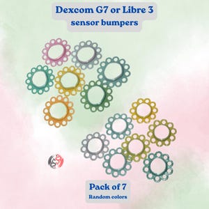 May include: A collection of circular sensor bumpers for Dexcom G7 or Libre 3 devices, featuring a scalloped flower-like edge. The set includes various colors such as pink, blue, yellow, and green. Text reads: Dexcom G7 or Libre 3 sensor bumpers, Pack of 7, Random colors.