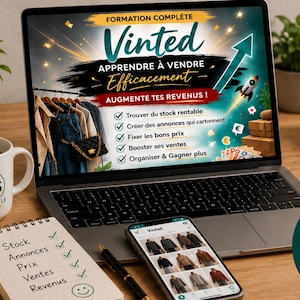 Könnte beinhalten: Ein Laptop zeigt ein Vinted-Trainingsprogramm mit dem Text "Effektiv verkaufen lernen" und "Steigern Sie Ihren Umsatz!" Ein Smartphone zeigt eine Vinted-Kleidungsanzeige. Ein Notizblock listet "Lagerbestand, Anzeigen, Preis, Verkäufe, Umsatz."