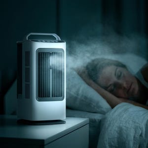Puede incluir: Un enfriador de aire port&aacute;til blanco y gris con un asa superior y una rejilla frontal vertical, que emite una niebla visible desde la secci&oacute;n superior. El dispositivo cuenta con un panel de control en el borde superior del aparato.