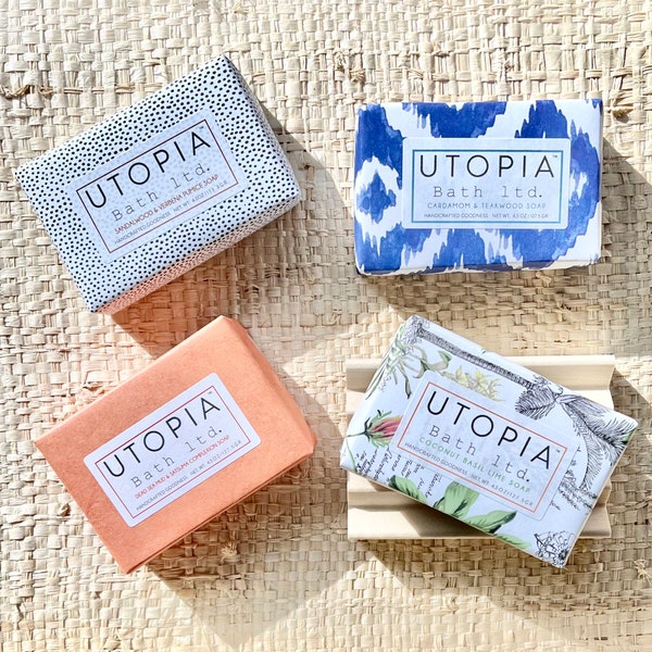 Utopia Bath 4 Hand Crafted Soaps + Free Soap Dish Set