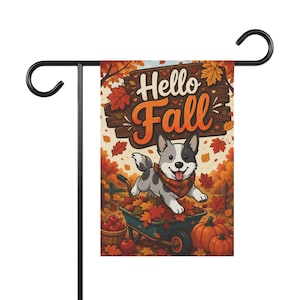 Hello Fall corgi garden flag | Garden Banner, Autumn Leaves, Pumpkins