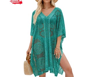Elegant Lace Beach Cover Up V Neck Swimsuit Tunic Seaside Resort Wear
